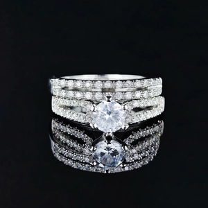 Three-in-one stackable S925 silver ring set with round brilliant cut moissanite main stone