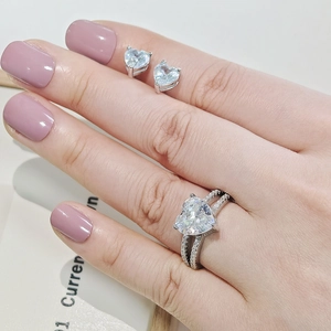 Detail von herzförmigem Zirkon-Ring und passenden Ohrringen an der Hand des Models