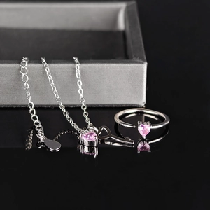 Zoete Roze Hart Synthetische Zirkonia Halsketting En Ring Met Sleutelhanger Voor Vrouwen Koperen Sieraden Valentijnsdag Cadeau