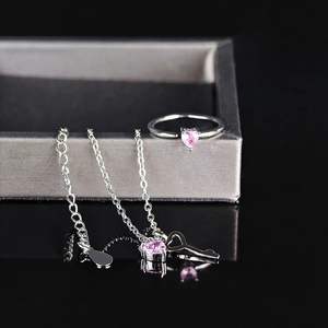 Roze hartvormige sieradenset met zilveren ketting en ring op een donker reflecterend vlak