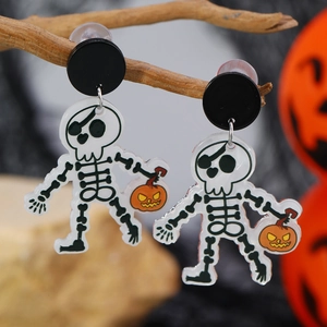 Halloween Acryl Ohrringe Piraten Skelett mit Kürbis Laterne an trockenen Zweigen