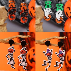 Pendientes Colgantes de Acrílico Divertidos de Halloween Con Poste de Acero Inoxidable Calabaza Esqueleto Gato Negro Joyería Mujer