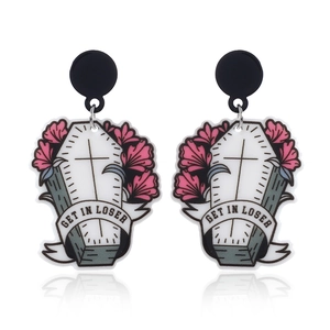 Halloween acrylic coffin earrings featuring snakes, crosses and Get In Loser text print