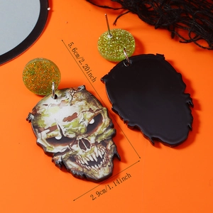 Front and back detail of acrylic skull earrings with green camouflage print and dimensions