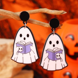Niedliche Halloween Geist Acryl Ohrringe mit Totenkopf Buch Design und schwarzen Steckern