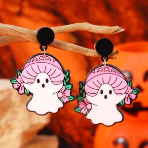 Kreative Halloween Pilz Geist Acryl Ohrringe mit rosa Blumen und Pilzhut für Damen