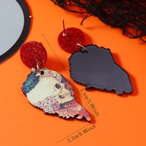 Halloween skull and floral acrylic earrings showing 5.3cm length with red glitter studs