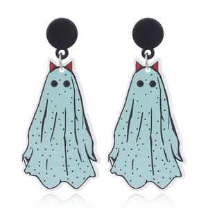 Pendientes de Halloween en acrílico con fantasmas azul claro, cuernos rojos y tachuelas