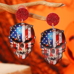 Halloween acrylic skull earrings featuring American flag design on rustic wooden branches