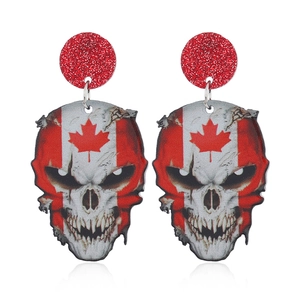 Fashionable Halloween skull drop earrings featuring Canadian flag design and red glitter studs