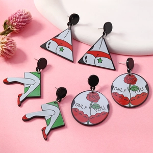 Quirky Pop Art Acrylic Drop Earrings For Women Cartoon Rose High Heels Printed Geometric Round Triangle Fashion Jewelry Earrings