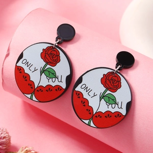 Artistic acrylic round drop earrings with red rose and Only You text on pink stand