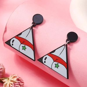 Funny cartoon acrylic triangle earrings featuring unique illustrations on pink background