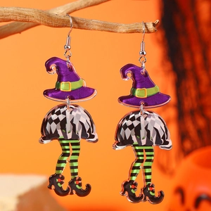 Halloween Hexenbein Acryl Ohrringe mit lila Hut und Schachbrettmuster am Zweig