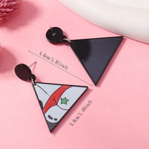 Cartoon acrylic triangle earrings size details 4.6cm by 3.8cm shown on pink background