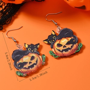 Λεπτομερείς διαστάσεις για σκουλαρίκια Halloween από ακρυλικό με μαύρη γάτα και κολοκύθα