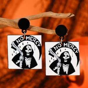 Halloween Grim Reaper acrylic drop earrings with No Mercy text on orange background