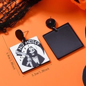Detail of Halloween drop earrings featuring Grim Reaper design with NO MERCY text and dimensions