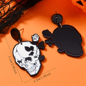 Detailed shot of skull and rose Halloween earrings with dimensions 5.2cm by 3.2cm