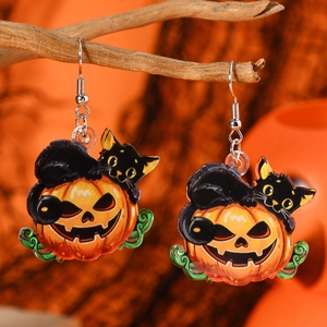 Σκουλαρίκια Halloween με μαύρη γάτα και κολοκύθα από ακρυλικό σε ένα ρουστίκ κλαδί