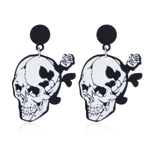 Gothic skull and black rose drop earrings with polished acrylic finish for Halloween