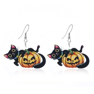 Σκουλαρίκια Halloween από ακρυλικό με μαύρη γάτα σε κολοκύθα και ζωντανή εκτύπωση δύο όψεων