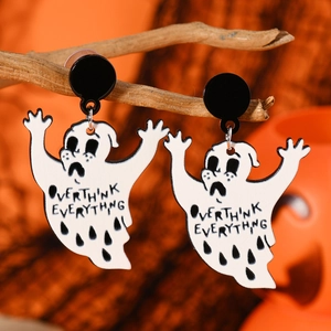 Ghost earrings with 'OVERTHINK EVERYTHING' text on orange Halloween background