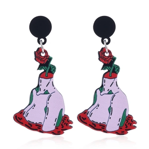 Acrylic drop earrings with gothic female silhouette and red rose pop art patterns