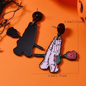 Detailed size view of Gothic Halloween acrylic hand and red rose drop earrings