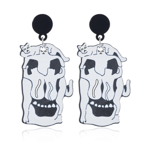 Creative Halloween skull cat earrings featuring unique black and white cat pattern illustrations