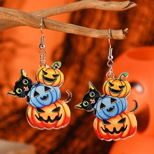 Σκουλαρίκια Halloween από ακρυλικό με μαύρη γάτα και κολοκύθες πάνω σε ένα κλαδί