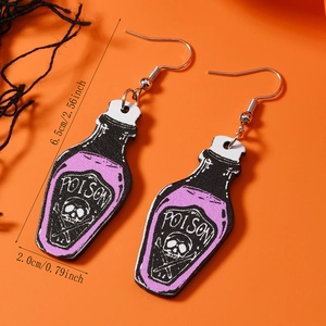 Detailed size view of purple poison bottle earrings with skull print for Halloween