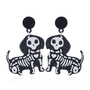 Gothic Halloween dachshund skeleton drop earrings in black acrylic with heart detail