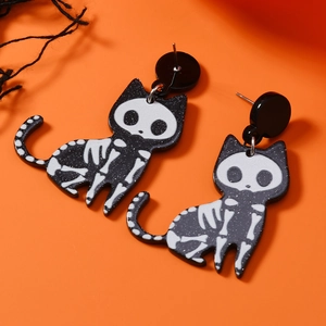 Gothic Halloween skeletal cat dangle earrings with black glitter acrylic finish