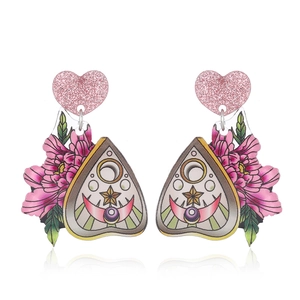 Boucles d'oreilles Halloween Planchette avec cœur pailleté et motifs floraux occultes