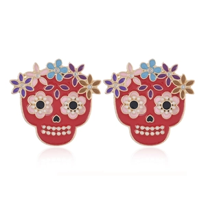 Halloween Day of the Dead skeleton earrings with colorful flowers and red enamel finish