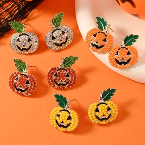 Halloween Pumpkin Stud Earrings Alloy Rhinestone Artificial Pearl Jack-O-Lantern Earring For Women Festival Party Jewelry Gift