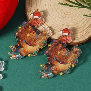 Detail of Christmas rooster earrings made of acrylic with holiday light string print