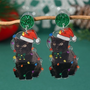 Double-sided acrylic Christmas black cat earrings with colorful lights and red Santa hat