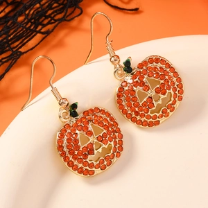 Golden Halloween pumpkin earrings with sparkling orange rhinestones and ear hooks