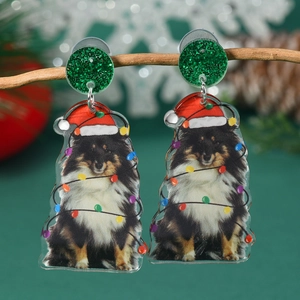 Christmas Sheltie dog acrylic earrings with colorful lights and festive red Santa hat