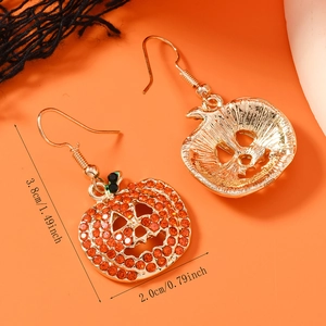 Halloween pumpkin drop earrings with orange rhinestones and gold-tone finish for women