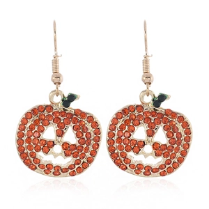 Sparkly orange rhinestone pumpkin earrings with golden finish for Halloween jewelry