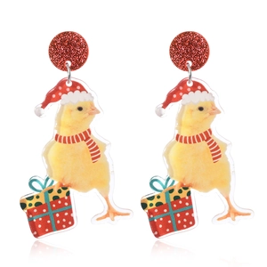 Cute Christmas chick acrylic earrings with festive Santa hat and scarf on white background
