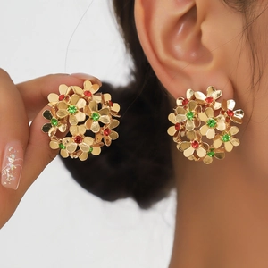 Chic 3D floral alloy earrings with red and green crystals in elegant gold finish