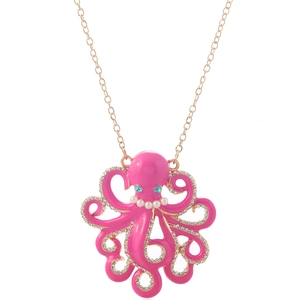 Vintage roze emaille octopus ketting met kristallen en parels op gouden ketting