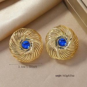 Detailed macro view of 3.4cm vintage gold heart alloy earrings with blue center gemstone