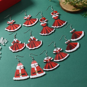 Boucles d'Oreilles Pendantes Festives de Noël en Acrylique Robe de Père Noël Avec Tige en Acier Inoxydable Rouge Blanc