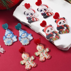 Boucles d'Oreilles Pendantes en Acrylique de Noël avec Bonhomme de Neige Panda et Bonhomme de Pain d'Épice pour Femmes