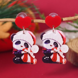 Boucles d'oreilles panda de Noël en acrylique avec motif renne sur une branche en bois